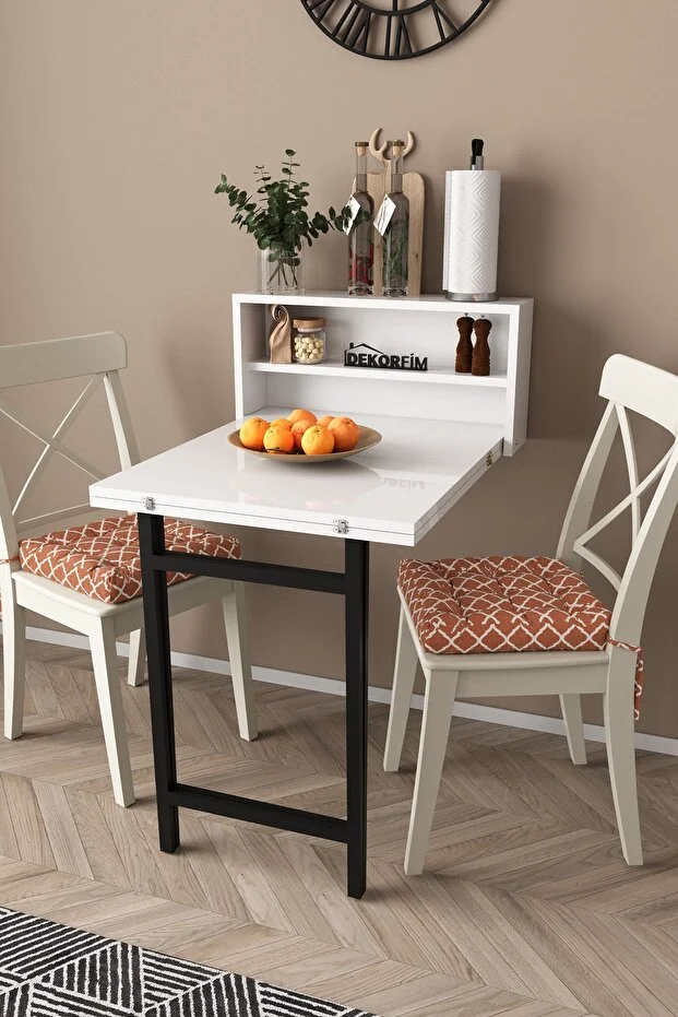 Duvara Monte Siyah Ayaklı Pratik Katlanır Kırma Mutfak ve Beyaz Yemek Masası